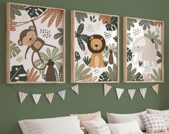 Set of 3 Safari Animals Prints, Lion Print, Monkey Print, Elephant Print, Jungle Animals Print, Playroom Prints, Scandi Kids Art