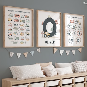 Personalised Set of 3 Transport Posters, Vehicle Alphabet and Numbers Print, Cars Chart Print, Boy Bedroom Decor, Playroom Prints