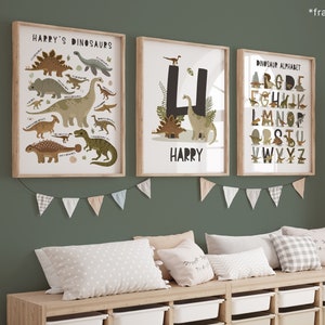 3er Set Dinosaurier Poster, personalisierter Dinosaurier Name Druck, Dinosaurier Alphabet Druck, Dinosaurier Schlafzimmer Dekor, Spielzimmer Drucke