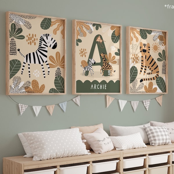 Set of 3 Personalised Safari Animals Nursery Prints, Name Print, Tiger Print, Zebra Print, Jungle Animals Print, Playroom Prints