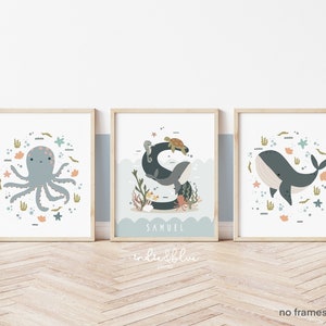 Set of 3 Personalised Unframed Sea Animals Prints, Ocean Nursery Prints, Under the Sea Prints, Whale Print, Playroom Prints