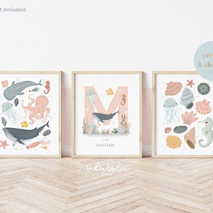 Personalised Sea Animals and Shells Print Set, Girl Nursery Print Set, Under the Ocean Prints, Ocean Nursery Print, Whale Print