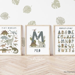Conjunto de 3 carteles de dinosaurios azules, impresión personalizada de nombres de dinosaurios, impresión del alfabeto de dinosaurios, decoración del dormitorio de dinosaurios, impresiones de sala de juegos