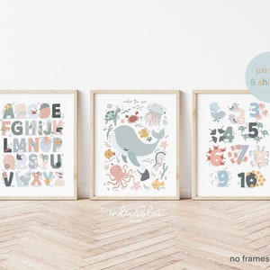 Sea Animals Alphabet Print, Set of 3 Sea Animals Print, Under the Ocean Prints, Ocean Nursery Print, Whale Print, Numbers Print