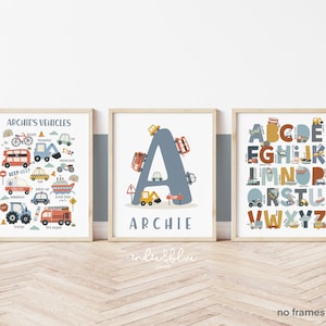 Personalisiertes 3er Set Transport Poster, Fahrzeug Alphabet Druck, Autos Diagramm Druck, Jungen Schlafzimmer Dekor, Spielzimmer Drucke, Scandi Kinder Ar
