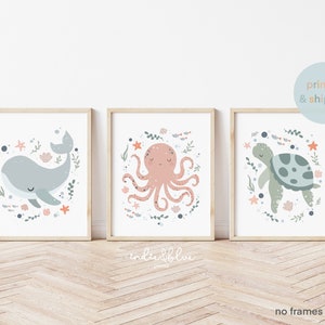 Set of 3 Unframed Sea Animals Prints, Ocean Nursery Prints, Under the Ocean Prints, Whale Print, Scandi Nursery Decor, Playroom Prints