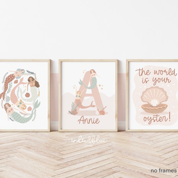 Set of 3 Mermaids Prints, Personalised Mermaid Print, World Is Your Oyster Print, Ocean Nursery Prints, Under the Ocean Prints