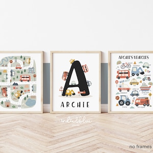 Set of 3 Personalised Transport Posters, Vehicles Print, Cars Chart Print, Boy Bedroom Decor, Playroom Prints, Scandi Kids Art