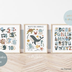 Personalised Sea Animals Print Set, Ocean Nursery Print Set, Sea Animals Alphabet and Numbers Chart Print, Under the Ocean Prints