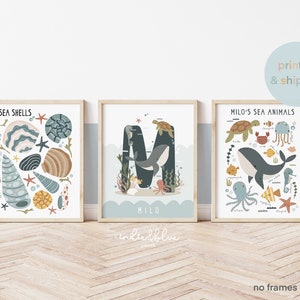 Personalisierte Name Meerestiere Print-Set, Unter dem Meer, Ocean Kinderzimmer Print-Set, Unter dem Ozean Prints