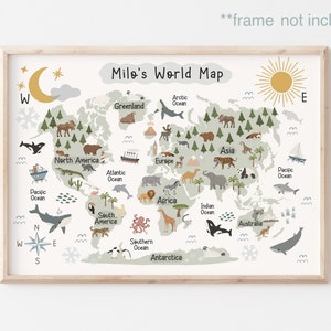 Personalised World Map Print UNFRAMED, Animal World Map, Kids Poster, Scandi Kids Decor, Educational Poster, Playroom Prints, Kids Wall Art