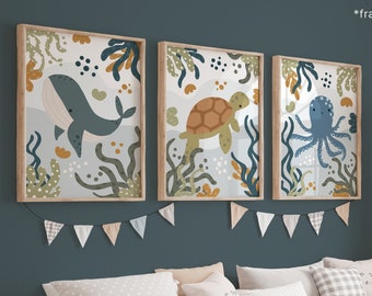 Set of 3 Boy Sea Animals Prints, Turtle Whale Octopus Print Nursery Prints, Under the Ocean Prints, Scandi Nursery Decor, Playroom Prints
