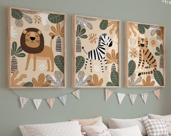 Set of 3 Safari Animals Prints, Jungle Animals Print, Tiger Giraffe Zebra Print, Playroom Prints, Scandi Kids Art