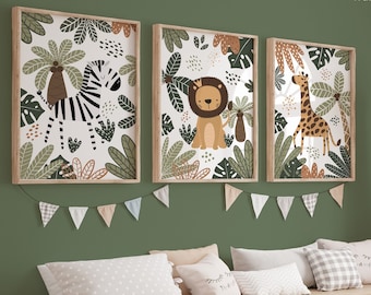 Set of 3 Safari Animals Prints, Lion Print, Giraffe Print, Zebra Print, Jungle Animals Print, Playroom Prints, Scandi Kids Art
