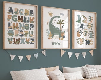 Set of 3 Dinosaur Posters, Personalised Dinosaur Alphabet Print, Numbers Print, Dinosaur Bedroom Decor, Playroom Prints, Scandi Kids Ar