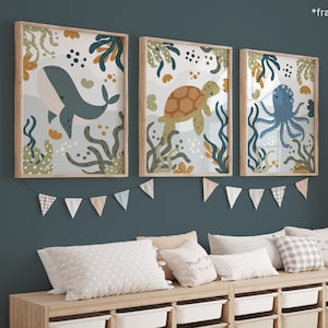 3er Set Junge Meerestiere Drucke, Schildkröte Wal Kraken Druck Kinderzimmer Drucke, Unter dem Ozean Drucke, Skandinavische Kinderzimmer Dekor, Spielzimmer Drucke
