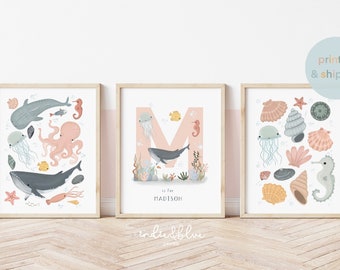 Personalised Sea Animals and Shells Print Set, Girl Nursery Print Set, Under the Ocean Prints, Ocean Nursery Print, Whale Print