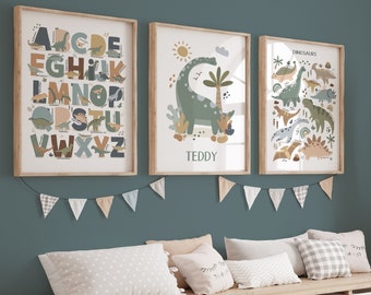 Set of 3 Personalised Dinosaur Posters, Alphabet Print, Dinosaur Chart Print, Dinosaur Bedroom Decor, Playroom Prints, Scandi Kids Ar