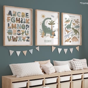 Set of 3 Personalised Dinosaur Posters, Alphabet Print, Dinosaur Chart Print, Dinosaur Bedroom Decor, Playroom Prints, Scandi Kids Ar