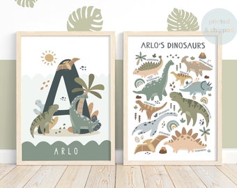Dinosaur Print Set, Personalised Name Print, Scandi Nursery, Playroom Prints, Scandi Kids Art