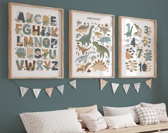 Set of 3 Dinosaur Prints, Dinosaur Alphabet Print, Numbers Print, Dinosaur Bedroom Decor, Playroom Prints, Scandi Kids Ar
