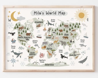 Personalised World Map Print UNFRAMED, Animal World Map, Kids Poster, Scandi Kids Decor, Educational Poster, Playroom Prints, Kids Wall Art