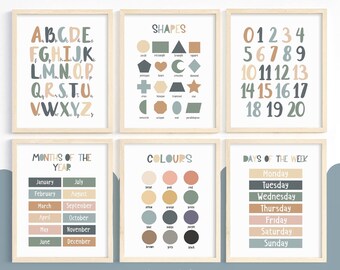 May include: Set of six educational posters for children featuring colorful illustrations of the alphabet, shapes, numbers, months of the year, colors, and days of the week. The posters have a light blue, green, and brown color scheme.