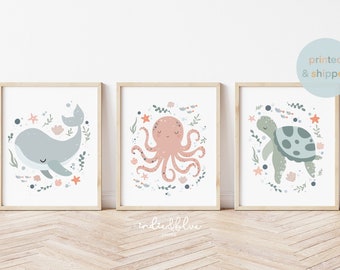 Set of 3 Unframed Sea Animals Prints, Ocean Nursery Prints, Under the Ocean Prints, Whale Print, Scandi Nursery Decor, Playroom Prints