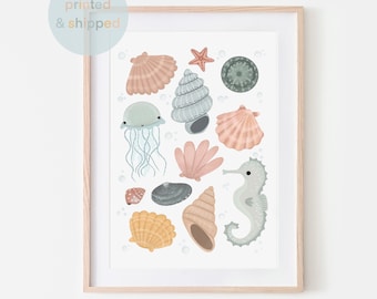Sea Animals and Shells Print, Under the Ocean Nursery Print, Ocean Nursery Decor, Sea Animals Print, Educational Poster, Playroom Prints