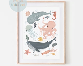 Sea Animals Unframed Poster, Under the Ocean Nursery Print, Ocean Nursery Decor, Sea Animals Print, Educational Poster, Playroom Prints