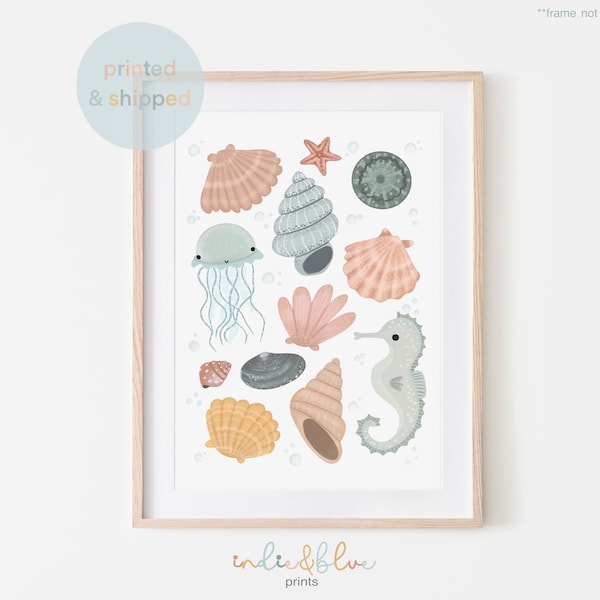 Sea Animals and Shells Print, Under the Ocean Nursery Print, Ocean Nursery Decor, Sea Animals Print, Educational Poster, Playroom Prints