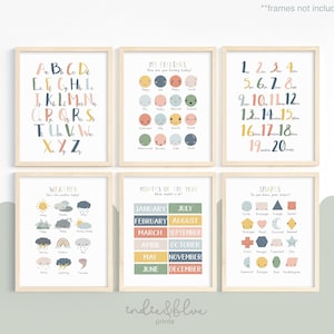 Set von 6 Lerndrucke, Alphabet und Zahlen Drucke, Spielzimmer Dekor, Klassenzimmer Dekor, Kinder Wandkunst
