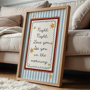 Buenas noches, te quiero, nos vemos por la mañana. Estampado en azul marino, decoración brillante y colorida para la habitación infantil de niños.