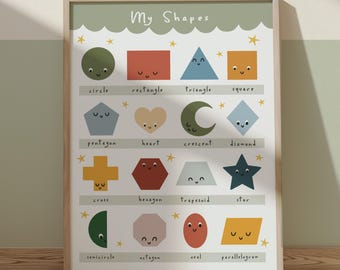 Colourful shapes print, educational learning poster, classroom decor, education montessori neutral playroom prints
