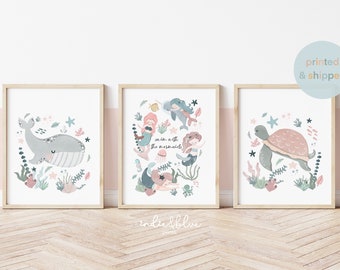 Set of 3 Unframed Sea Animals and Mermaids, Ocean Nursery Prints, Under the Ocean Prints, Whale Print, Scandi Nursery Decor, Playroom Prints