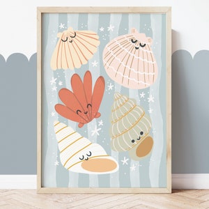 Sea Shells Print in Blue, UNFRAMED Cute Sea Nursery Print, Girl Sea ...