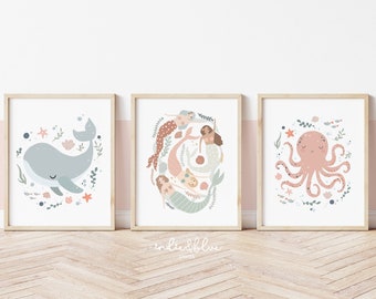 Set of 3 Unframed Sea Animals and Mermaids Prints, Ocean Nursery Prints, Under the Ocean Prints, Whale Print, Ocean Nursery Decor