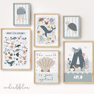Juego de 6 impresiones personalizadas del océano, galería de pared neutra para habitación infantil, dormitorio infantil con océano, impresiones de ballenas, sala de juegos para dormitorio infantil.