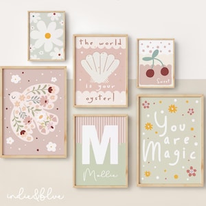 Conjunto de 6 impresiones personalizadas en tonos pastel, paquete de pared de galería, arte de flores silvestres, decoración de dormitorio infantil de niña adolescente con margaritas