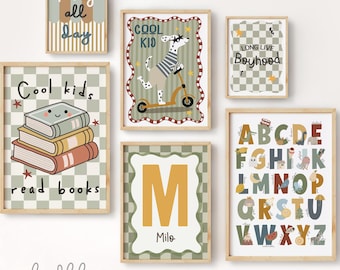 May include: Set of six printable wall art prints featuring a green, yellow, and brown color scheme. The prints feature illustrations of a dog riding a scooter, a stack of books, a letter M, and an alphabet with animals. The text on the prints reads "Cool Kid", "Cool Kids Read Books", "Long Live Boyhood", "Milo", and "ABCDE FGHIJK LMNOP QRSTU VWXYZ".