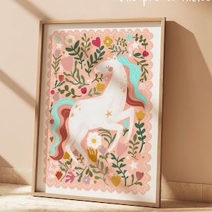 Impresión floral de unicornio sin marco en colores brillantes, dormitorio infantil de niña de las flores, arte para adolescentes y preadolescentes, decoración de habitación con ilustraciones infantiles