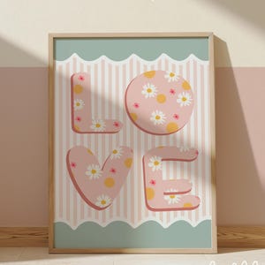 Impresión de amor en rosa y turquesa, impresión de arte de pared para dormitorio de niña de las flores, decoración de guardería en tonos pastel, guardería escandinava, arte de pared para dormitorio de adolescente