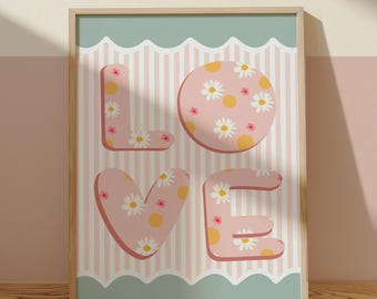 Love print in pink and turquoise, flower girl bedroom wall art print, pastel nursery decor, scandi nursery, teen bedroom wall art