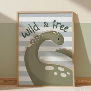 Estampado de dinosaurio salvaje y libre, estampado de Brachiosaurus Diplodocus en azul y verde salvia, decoración de guardería para niño, dormitorio infantil de dinosaurios