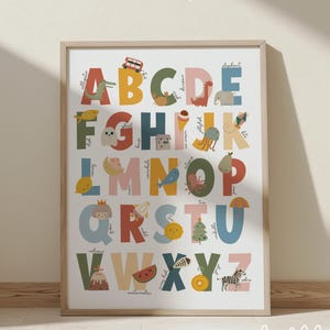 Impression graphique alphabet arc-en-ciel lumineux, décoration de chambre d'enfant alphabet, impression éducative, impressions de salle de jeux Montessori, art scandinave pour enfants