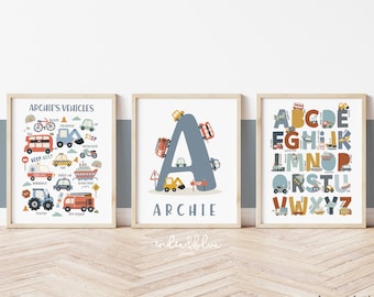 Personalised Set of 3 Transport Posters, Vehicle Alphabet Print, Cars Chart Print, Boy Bedroom Decor, Playroom Prints, Scandi Kids Ar