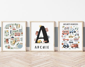 3er Set Personalisierte Transport Poster, Fahrzeuge Druck, Autos Diagramm Druck, Jungen Schlafzimmer Dekor, Spielzimmer Drucke, Scandi Kinder Kunst
