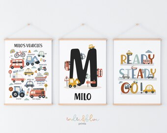 May include: Three printable wall art prints featuring a colorful illustration of vehicles. The first print is a chart of different vehicles with their names, the second print features the letter M with vehicles on it, and the third print says "Ready Steady Go!" with vehicles on it.