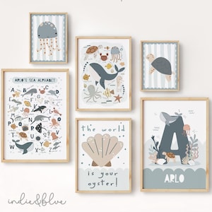Juego de 6 impresiones personalizadas del océano, galería de pared neutra para habitación infantil, dormitorio infantil con océano, impresiones de ballenas, sala de juegos para dormitorio infantil.