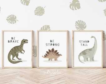 Set of 3 Dinosaur Prints, Dinosaur Bedroom Decor, Be Brave Print, Boy Nursery Decor, Playroom Prints, Scandi Kids Ar